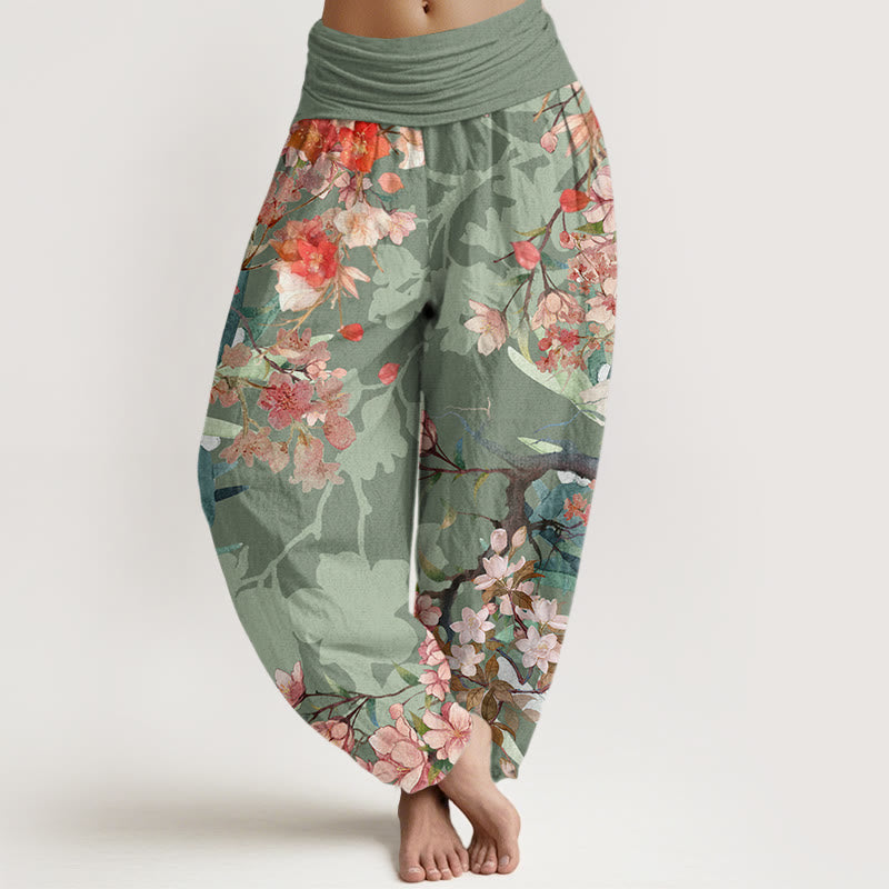 Red Pink Blooming Flowers Lush Branches Women's Elastic Waist Harem Pants