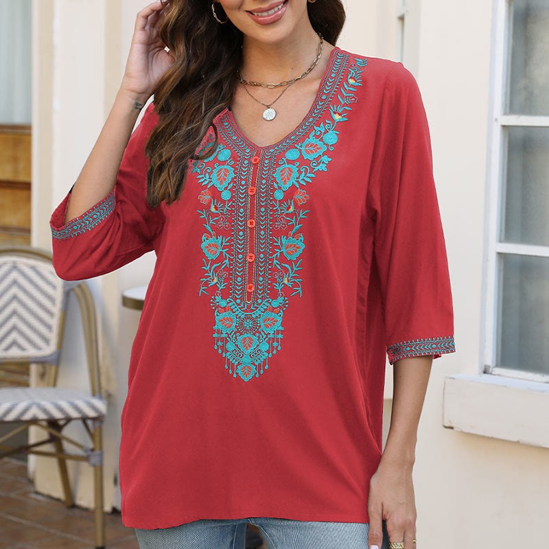 Summer Casual Embroidery Flower Leaf Half Sleeve V-neck Cotton Women's T-Shirt