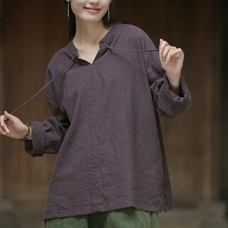 Retro Solid Color Long Sleeve Ramie Linen Women's Shirt
