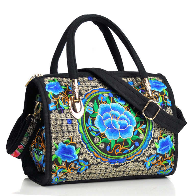 Money Tree Peony Camellia Double-Sided Embroidery Canvas Shopping Purse Handbag Crossbody Bag