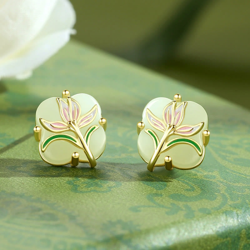 Hetian Jade Magnolia Chalcedony 925 Sterling Silver Butterfly Gourd Luck Earrings