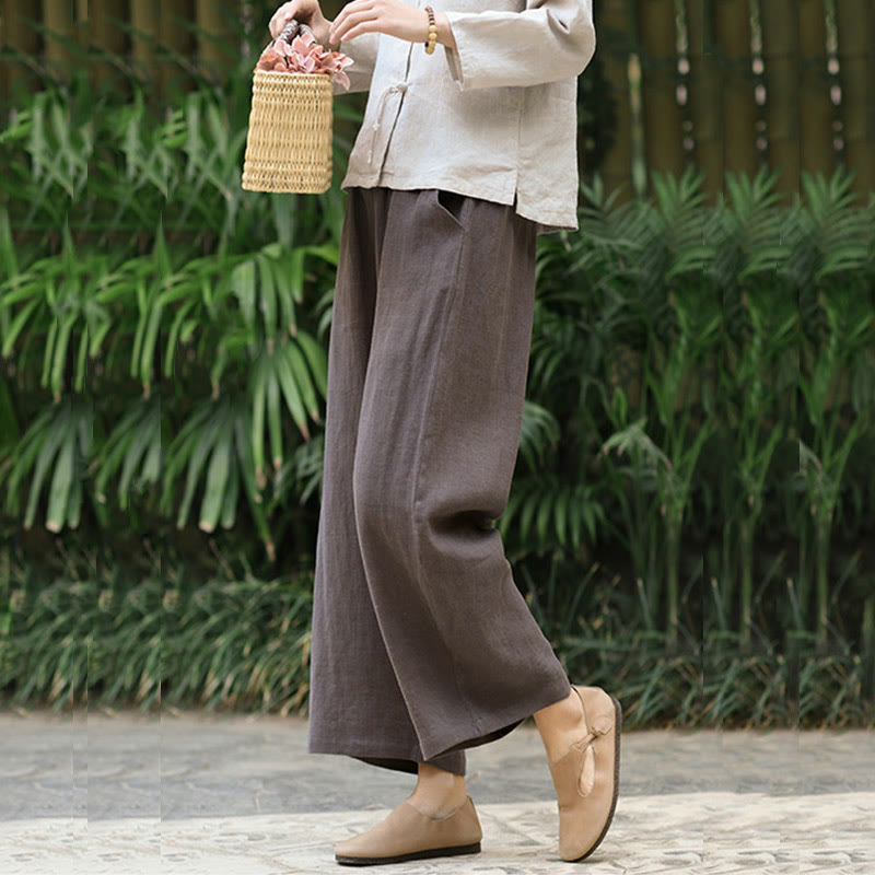 Casual Plain Solid Color Elastic Linen Women's Pants With Pockets