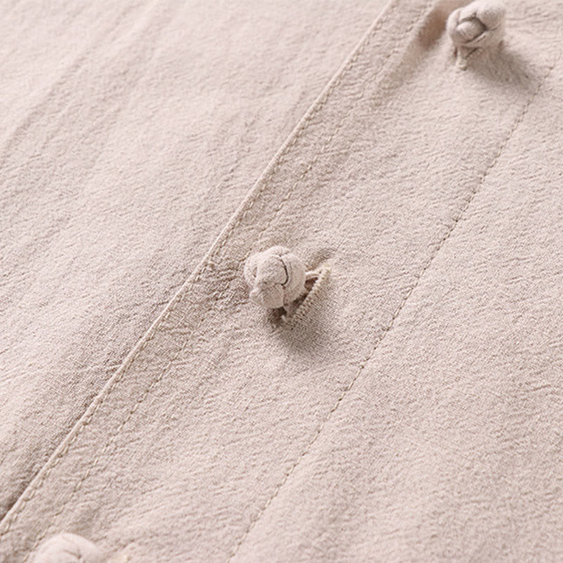 Casual Plain Color Three Quarter Sleeve Front Button Cotton Linen Men's Shirt With Pockets