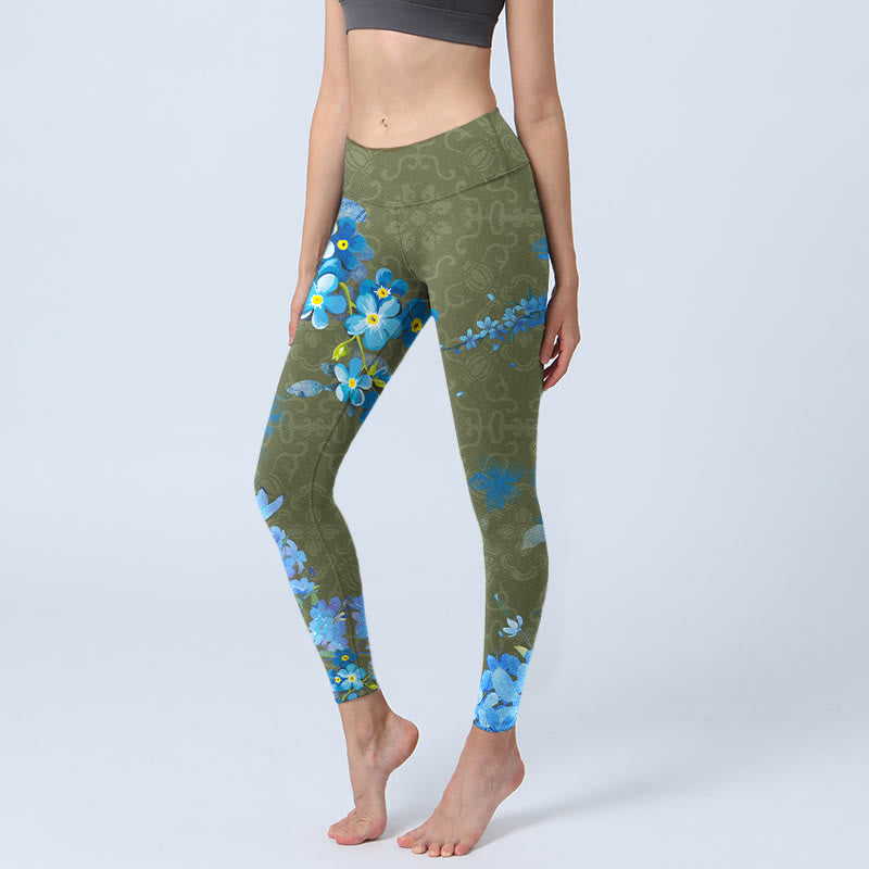 Blue Flowers Butterflies Print Gym Leggings Women's Yoga Pants