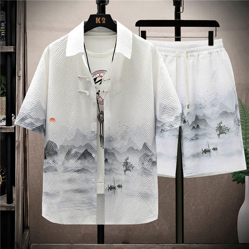 Landscape Coconut Trees Magpie Pattern Short Sleeve Shorts Men's Set