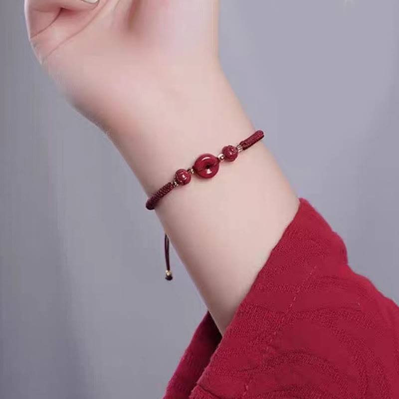 Handmade Cinnabar Peace Buckle Lotus Calm Blessing Braided Rope Bracelet