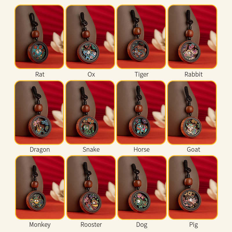 Year Of The Dragon Hand Painted Chinese Zodiac Rosewood Carved Calm Key Chain