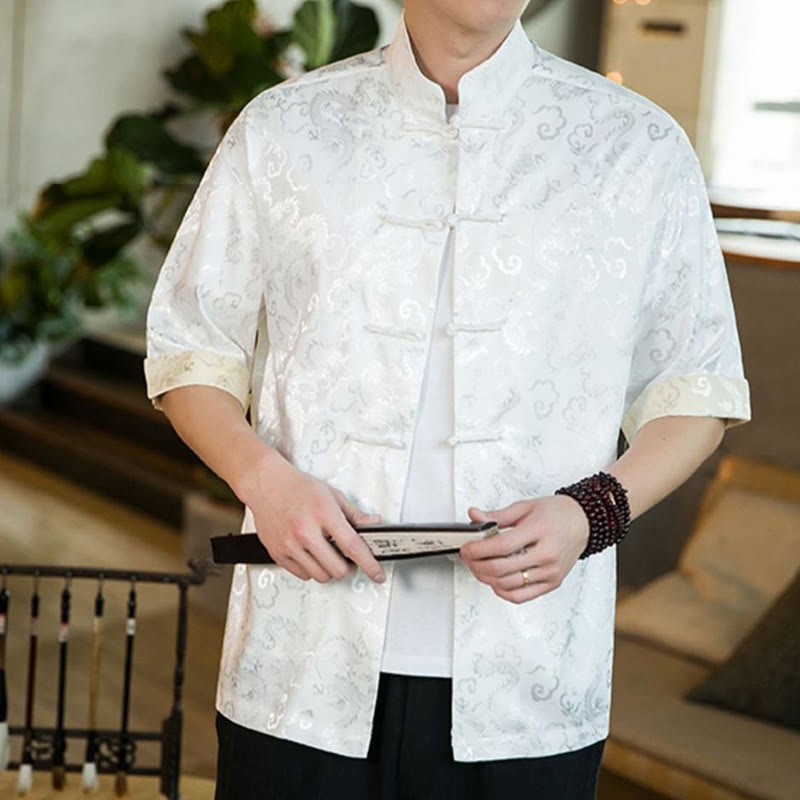 Chinese Tang Suit Frog-button Dragon Print Men's Half Sleeve Shirts