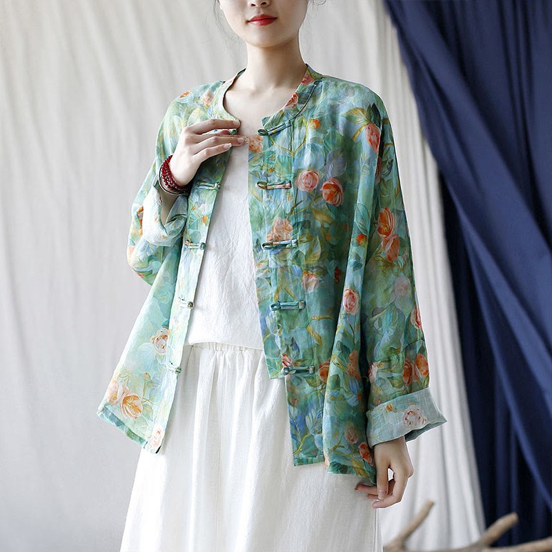 Pink Flowers Green Leaves Print Frog-button Design Long Sleeve Ramie Linen Jacket Shirt