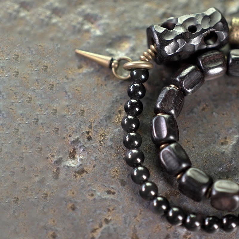 Ebony Wood Black Obsidian Copper Brass Peace Double Wrap Bracelet