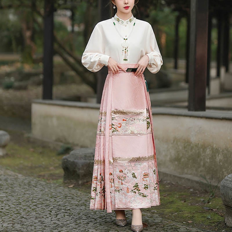 Chinese Hanfu Pink Peach Garden Printed Horse Face Skirt Mamianqun