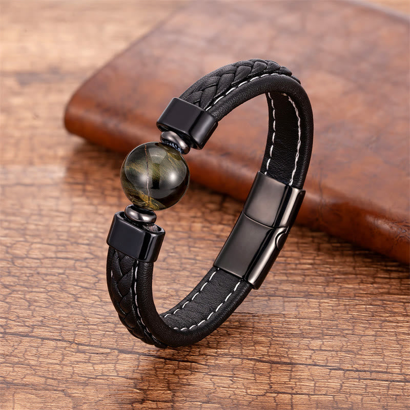 Lazurite Black Onyx Tiger Eye Lava Rock Om Mani Padme Hum Serenity Leather Bracelet