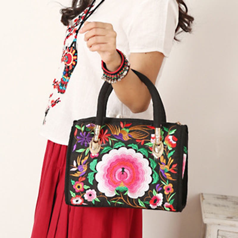 Money Tree Peony Camellia Double-Sided Embroidery Canvas Shopping Purse Handbag Crossbody Bag