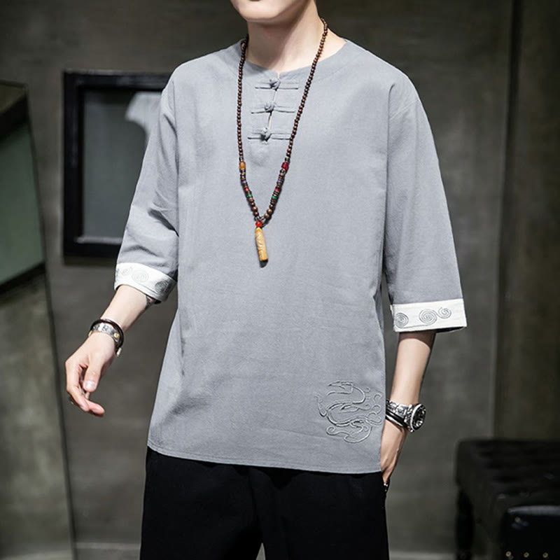 Frog-Button Dragon Embroidery Chinese Tang Suit Three Quarter Sleeve Shirt Cotton Linen Men Clothing