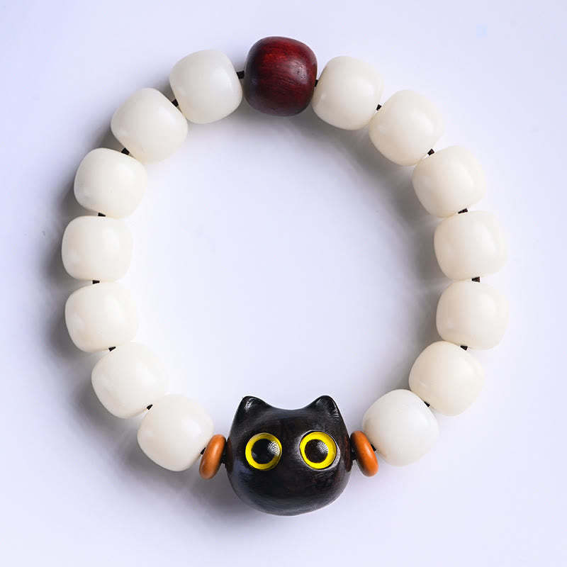 Natural Bodhi Seed Small Leaf Red Sandalwood Ebony Wood Cute Lucky Cat Wisdom Bracelet