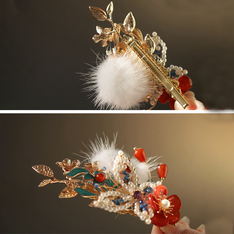 Classical Chinese Style Red Flower Butterfly Pearl Hair Clip