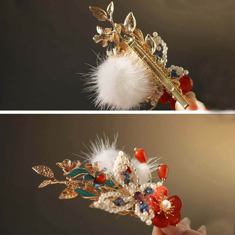 Classical Chinese Style Red Flower Butterfly Pearl Hair Clip