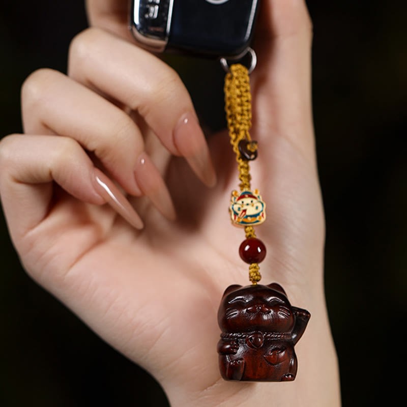 Small Leaf Red Sandalwood Green Sandalwood Sandalwood Lucky Cat Protection Key Chain Phone Hanging Decoration