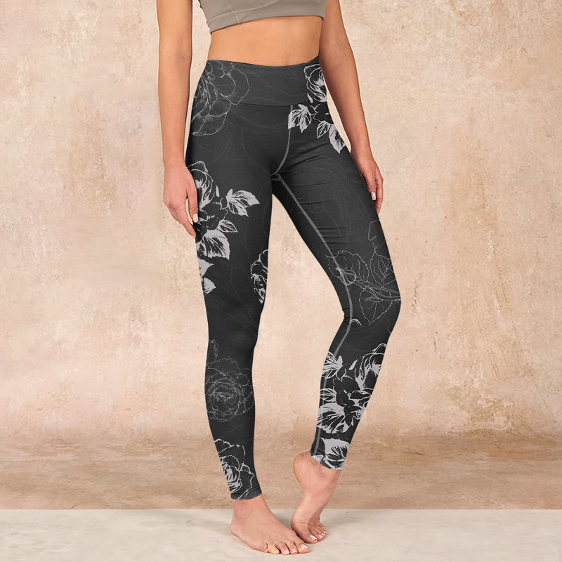 Gray Peony Rose Flower Sketch Print Gym Fitness Leggings Women's Yoga Pants