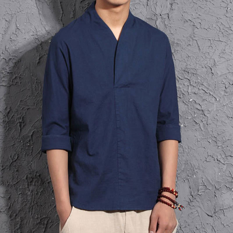 Casual V-Neck Three Quarter Sleeve Shirt Cotton Linen Men Clothing