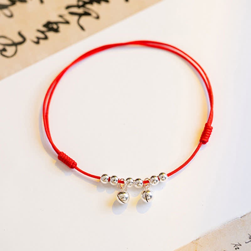 925 Sterling Silver Red String Braid Bell Charm Anklet
