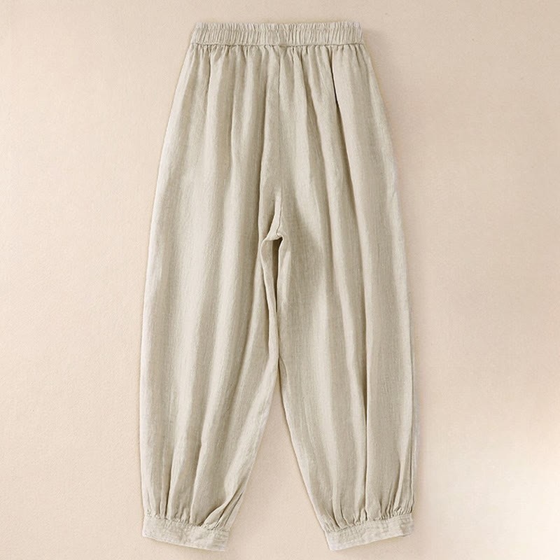 Pure Color Drawstring Frog-Button Cotton Linen Women's Harem Pants With Pockets
