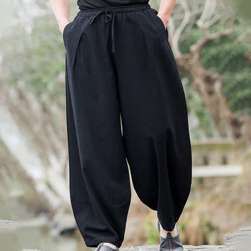 Plain Casual Linen Bloomer Men's Pants With Pockets
