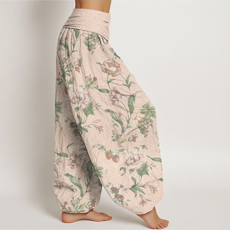 Casual Pink Flowers Pattern Women's Elastic Waist Harem Pants