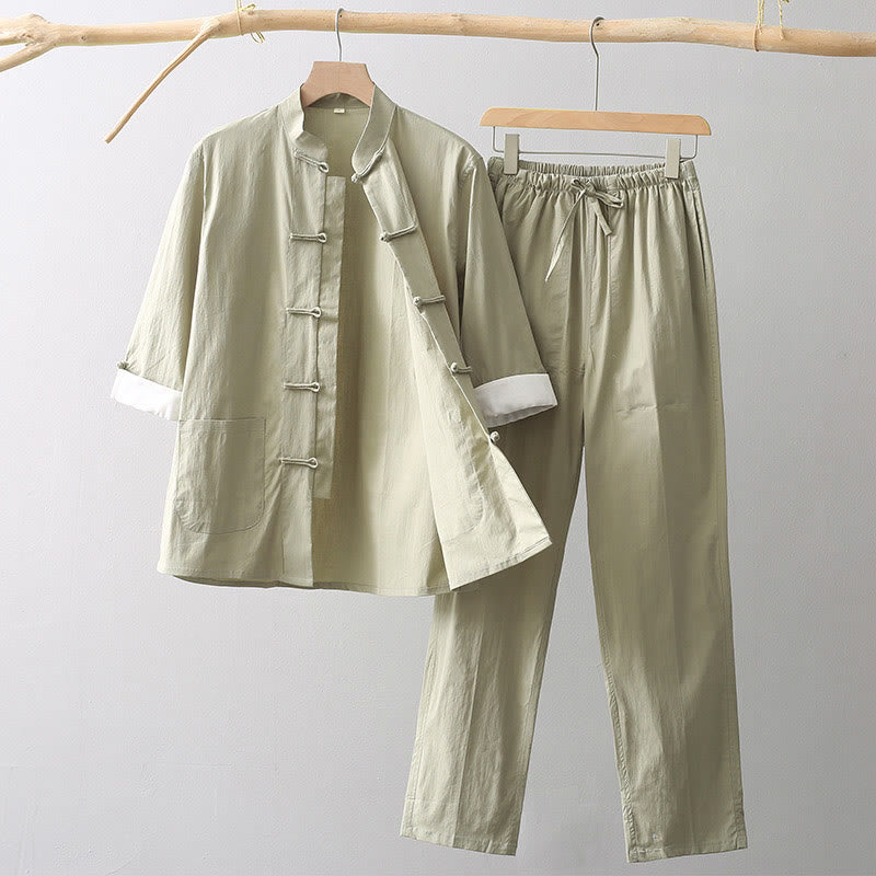 Tang Frog-Button Three Quarter Sleeve Shirt Wide Leg Pants Cotton Linen Men's Suit