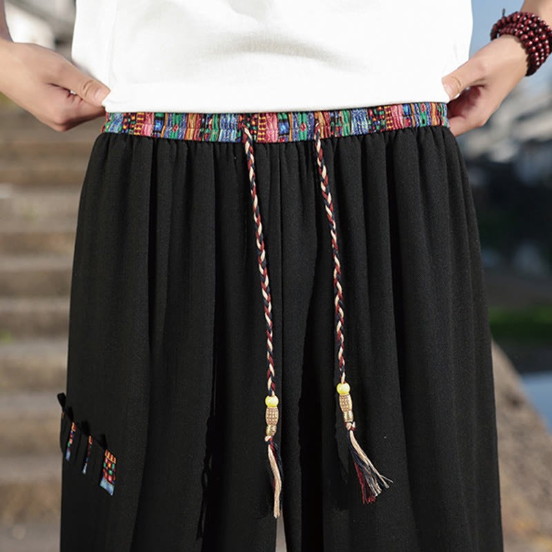 Bohemian Patchwork Pattern Cotton Drawstring Men's Wide Leg Pants With Pockets