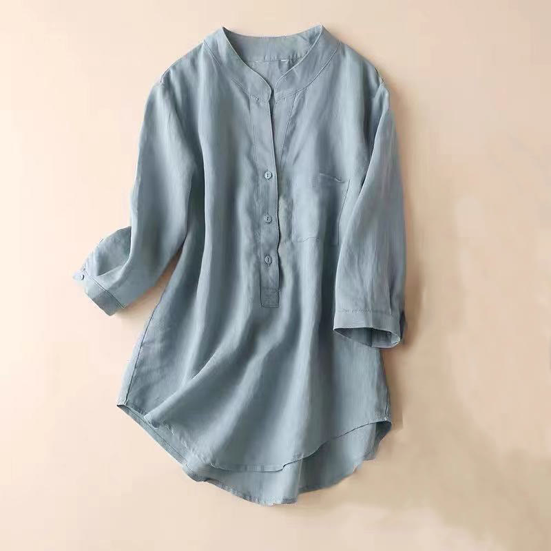 Casual Women's V-neck Three Quarter Sleeve Design Plain Cotton Linen Shirt