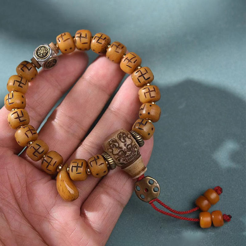 Natural Tibetan Camel Bone Swastika Dzi Bead Shankha mystic zen Charm Kirtimukha Luck Protection Tassel Bracelet