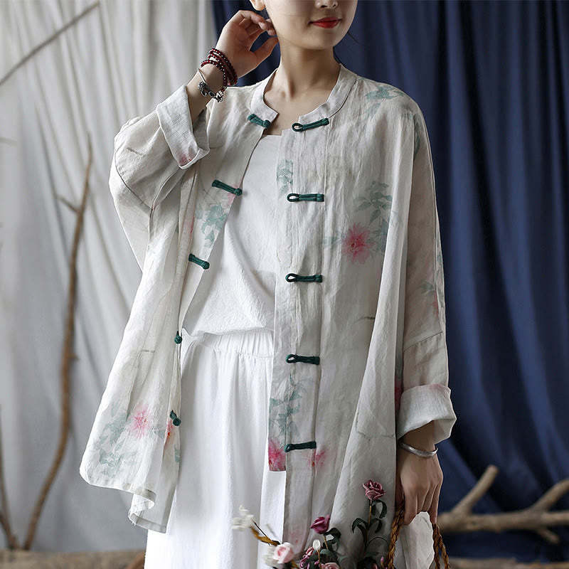 White Red Flowers Green Leaves Frog-Button Long Sleeve Ramie Linen Jacket Shirt