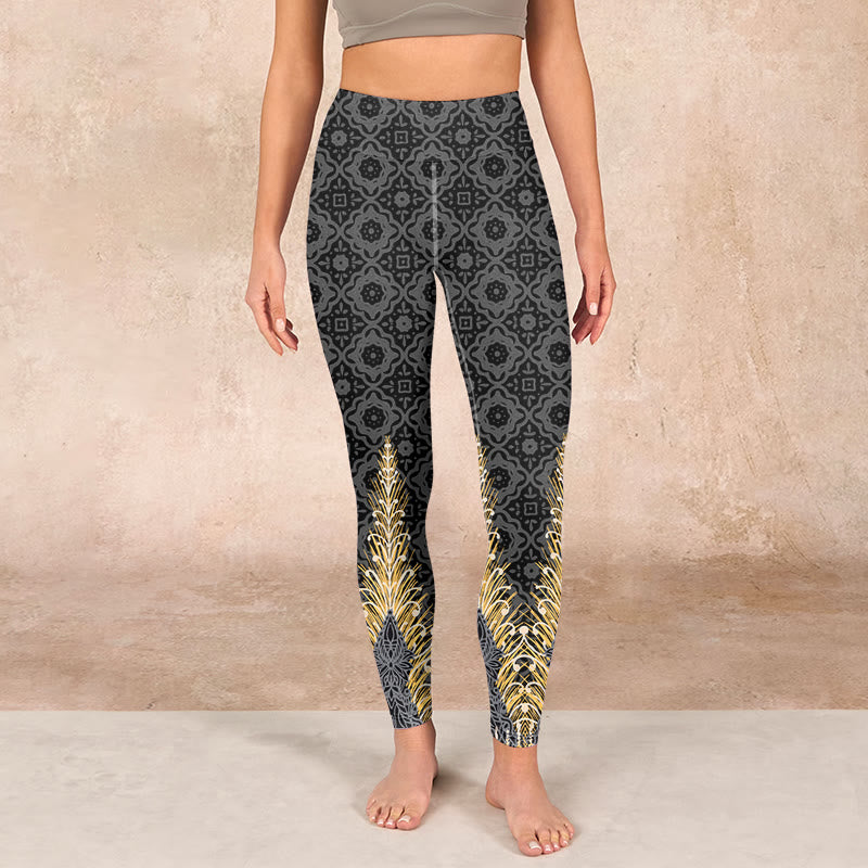 Dark Gray Geometric Gold Feather Print Gym Leggings Women's Yoga Pants