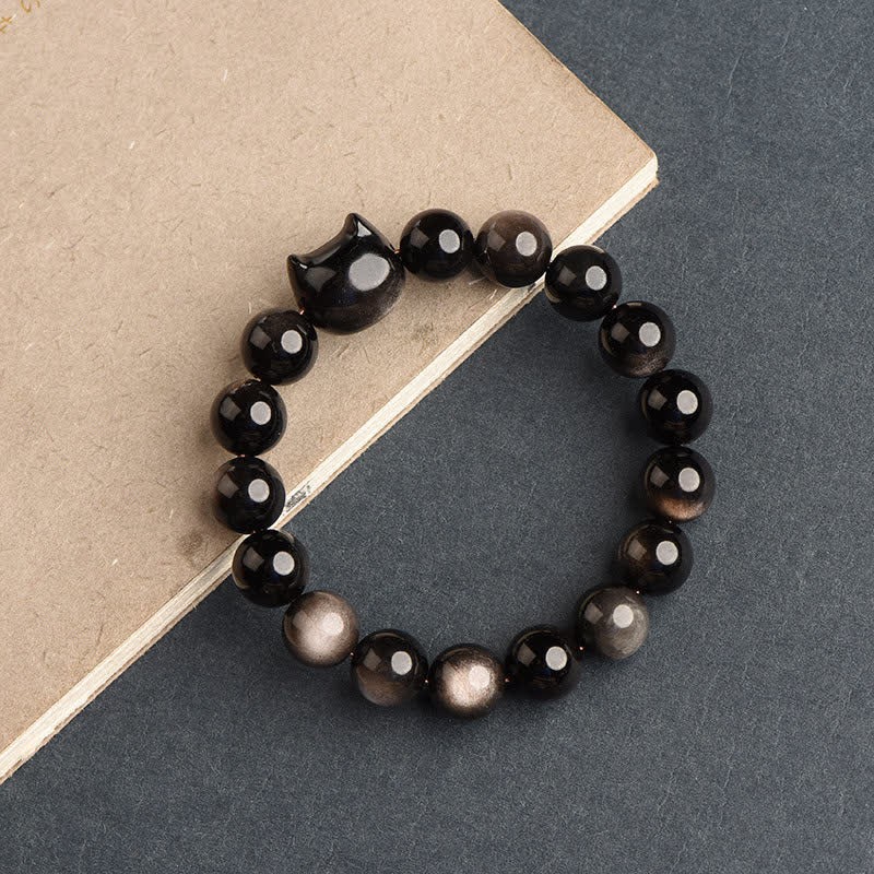 Gold Sheen Obsidian Silver Sheen Obsidian Lovely Paw Lucky Cat Protection Bracelet