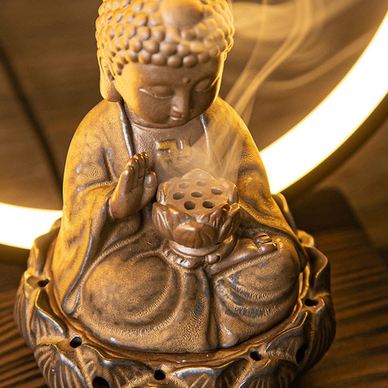 mystic zen Lotus Backflow Smoke Fountain Ceramic Blessing Incense Burner With Light Decoration