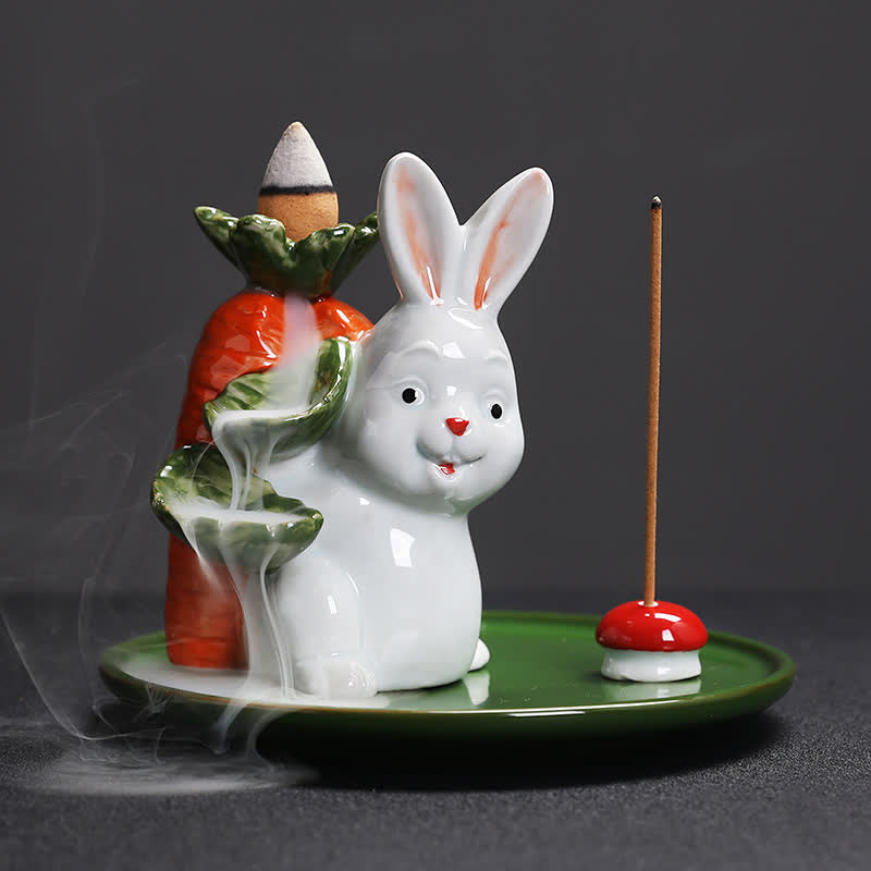 Year of the Rabbit Carrot Mushrooms Rabbit Ceramic Bunny Blessing Incense Burner (Extra 30% Off | USE CODE: FS30)