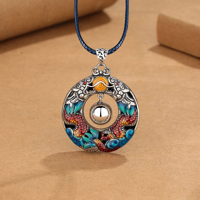 Year of the Dragon Colorful Double Dragons Playing Bead Copper Protection Necklace Pendant