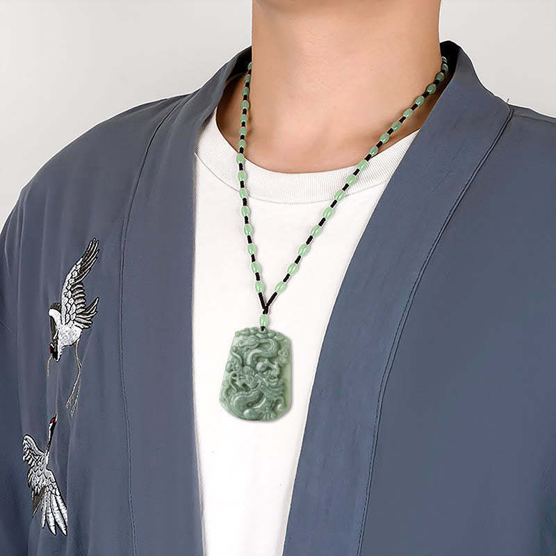 Year Of The Dragon Chinese Zodiac Dragon Soaring Jade Protection Bead Chain Necklace Pendant