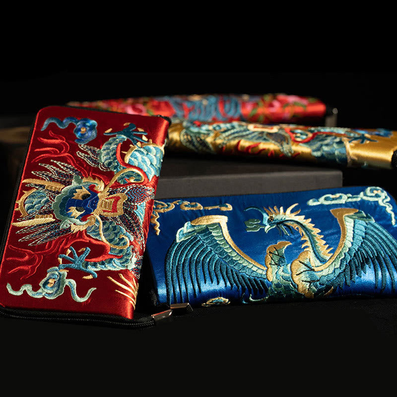 Mythical Beast Phoenix Dragon Qilin Su Embroidery Ticket Folder Storage Journey Shopping Purse Handbag