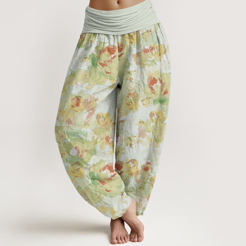 Rose Flowers Pattern Women's Elastic Waist Harem Pants