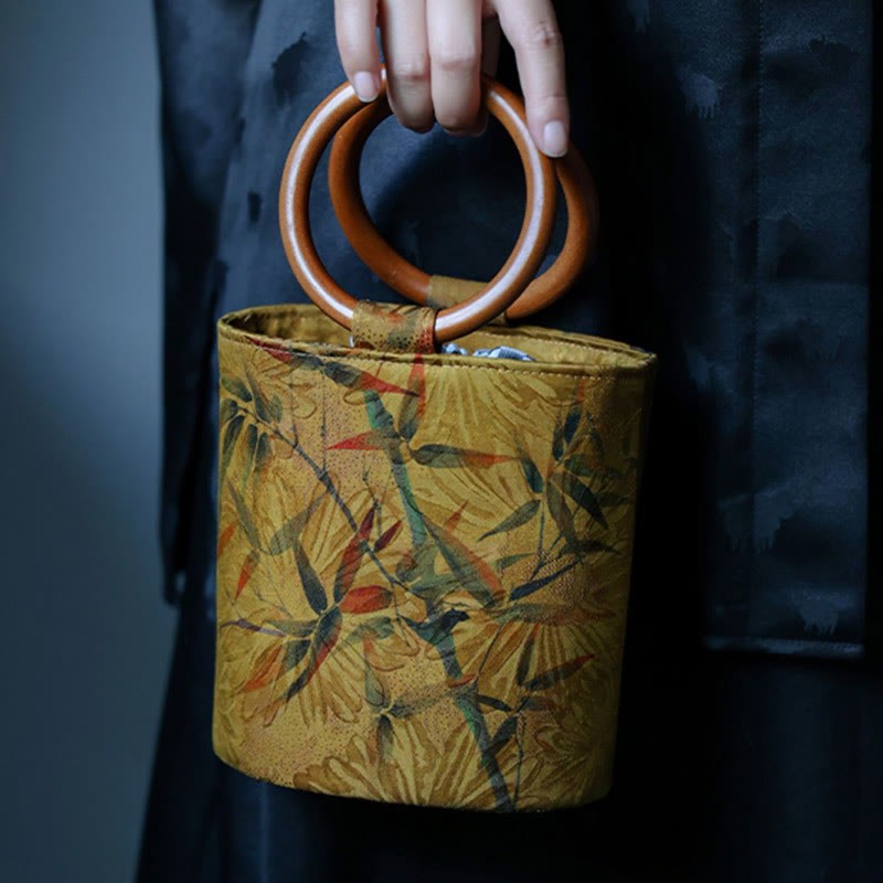 Bamboo Leaf Butterfly Cherry Blossom Persimmon Wood Handle Handbag