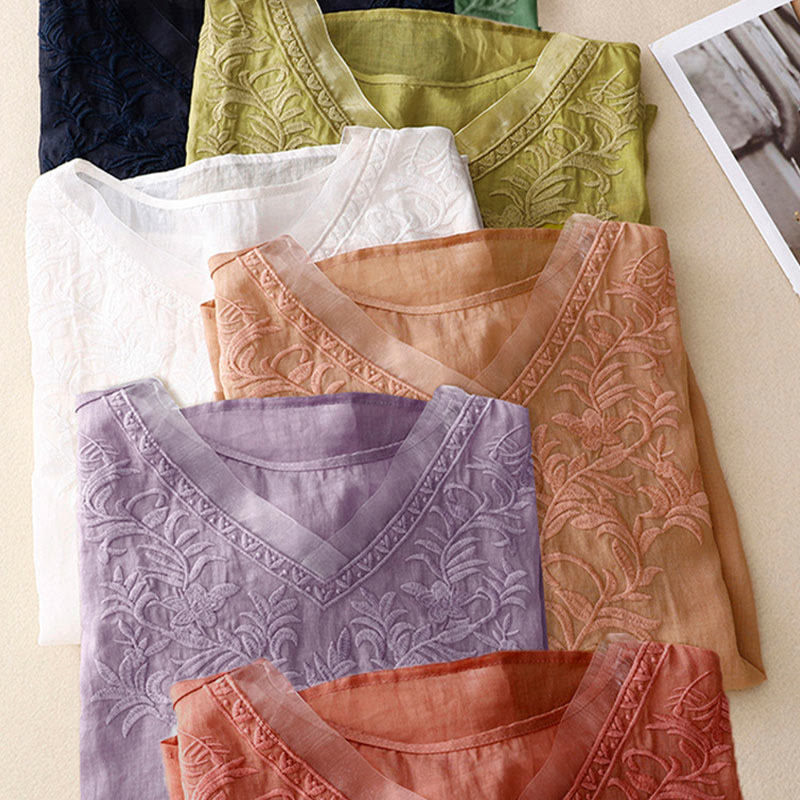 Casual Women's Plain Embroidered Plant V-neck Design Half Sleeve Cotton Linen Shirt