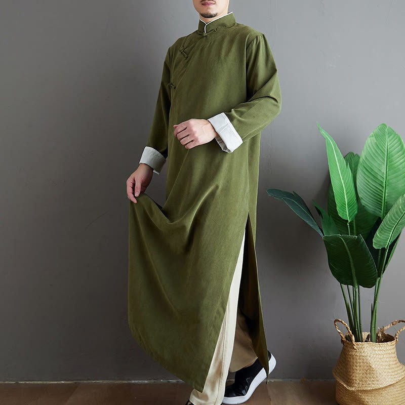 Fall Solid Color Chinese Frog-Button Cotton Men's Tang Suit Robe
