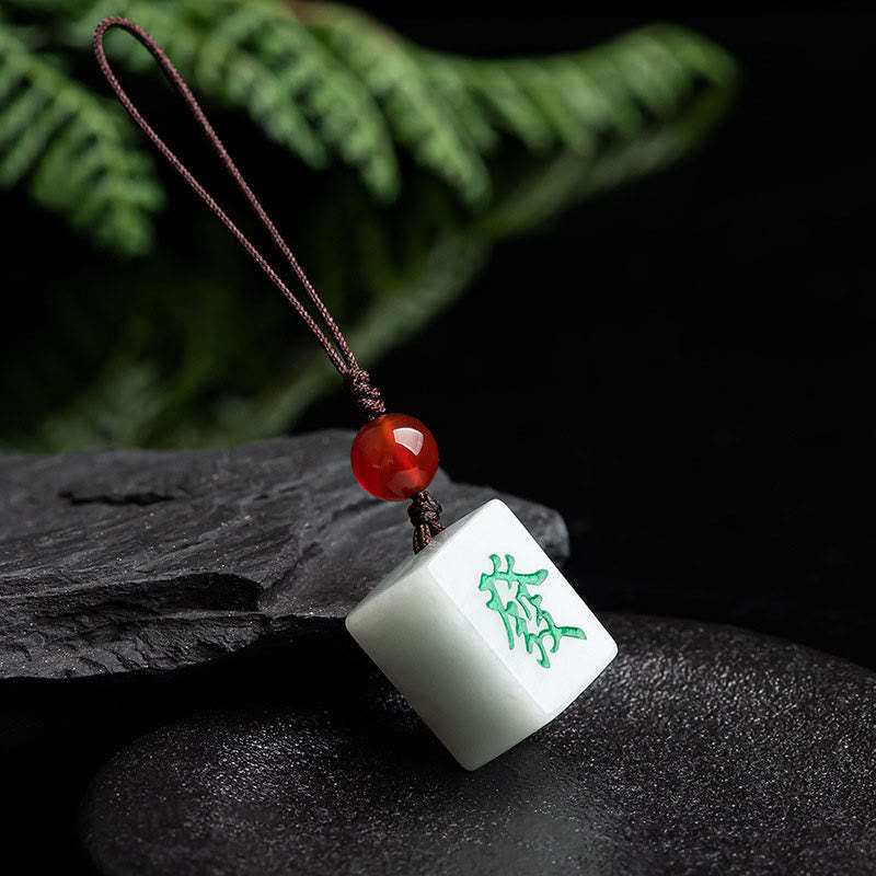 Natural Jade Mahjong Fa Character Wealth Prosperity Phone Hanging Key Chain Decoration