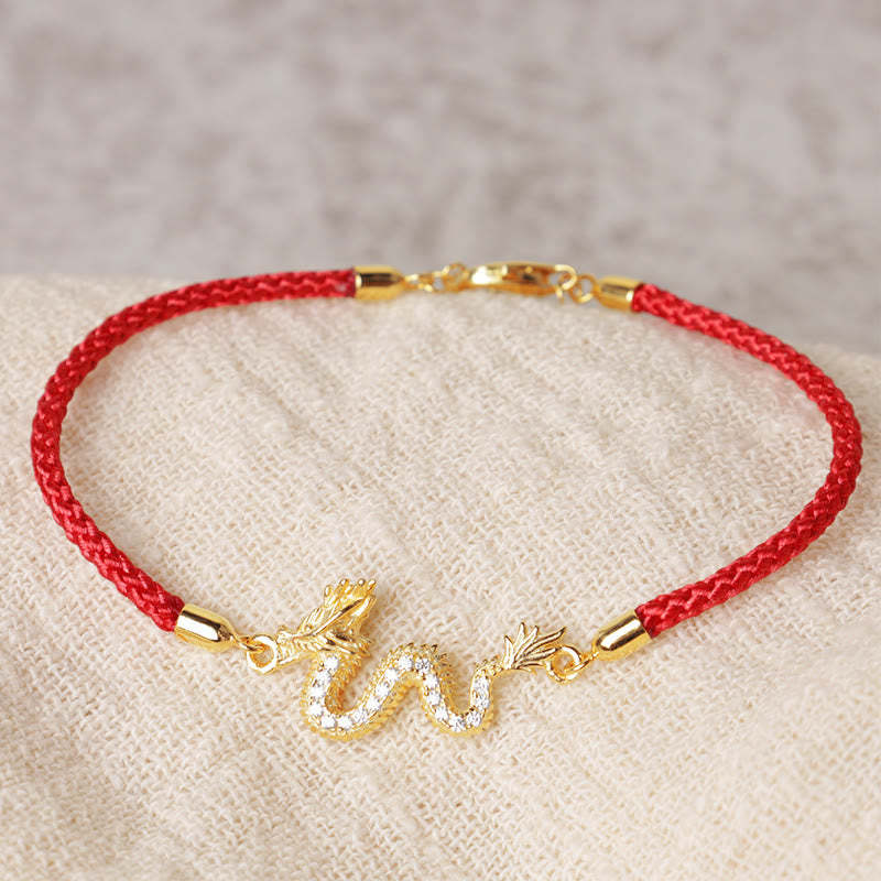 925 Sterling Silver Year Of The Dragon Auspicious Golden Dragon Luck Red Rope Chain Bracelet (Extra 30% Off | USE CODE: FS30)