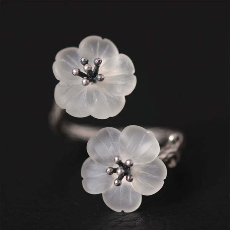 925 Sterling Silver White Crystal Double Plum Blossom Flower Adjustable Protection Ring
