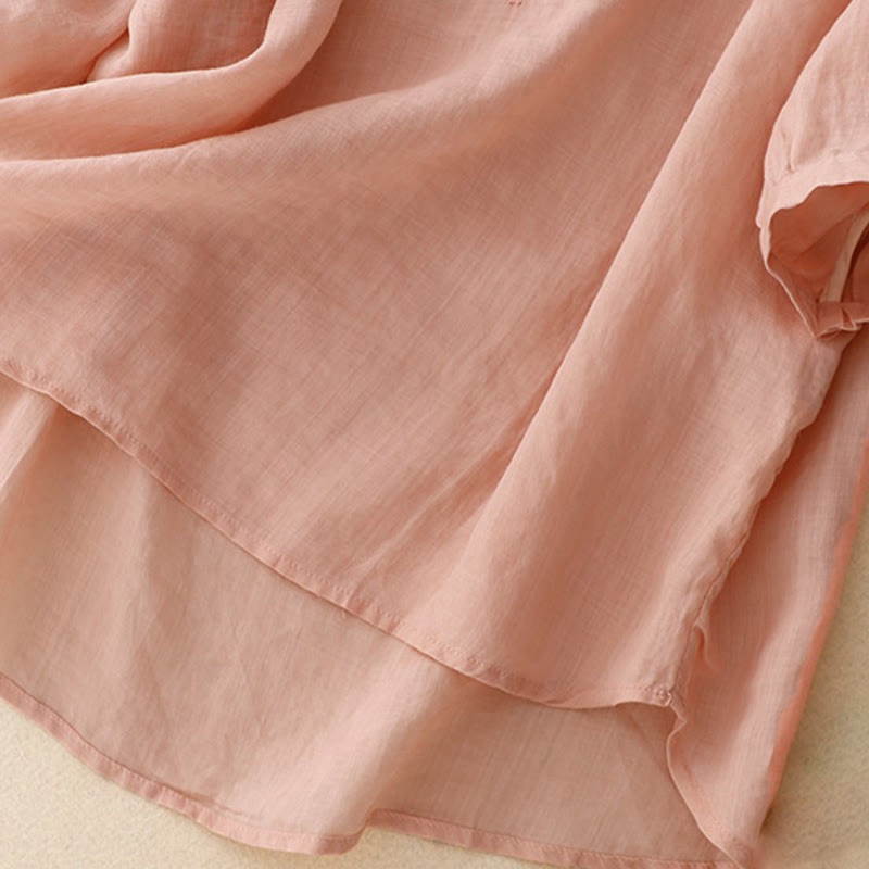 Casual Women's Plain Frog Buckle Design Half Sleeve Cotton Linen Shirt