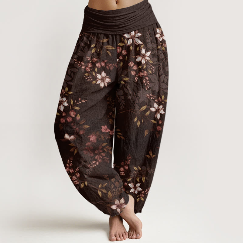 Small White Blossoms Green Leaves Women's Elastic Waist Harem Pants