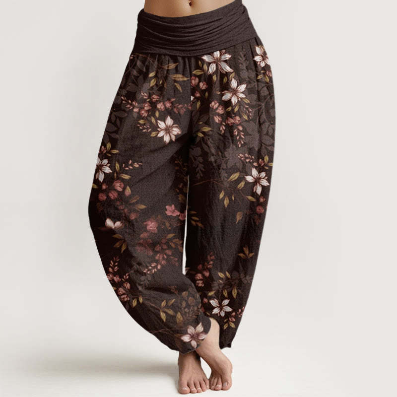 Small White Blossoms Green Leaves Women's Elastic Waist Harem Pants